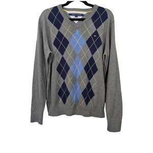 Tommy Hilfiger V-Neck 100% Cotton Gray Argyle Pull Over Light Weight Sweater